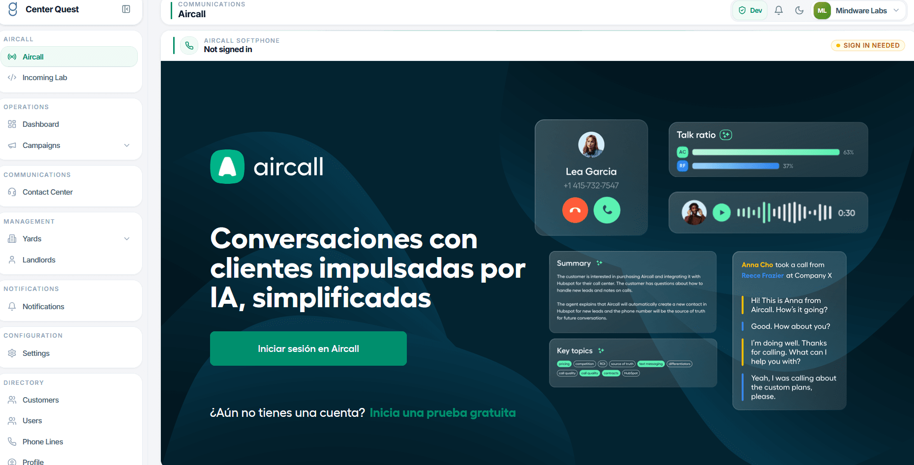 Pantalla de integración de Aircall dentro de la plataforma, mostrando el inicio de sesión del softphone y los paneles de resumen de llamada con IA, temas clave y transcripción.